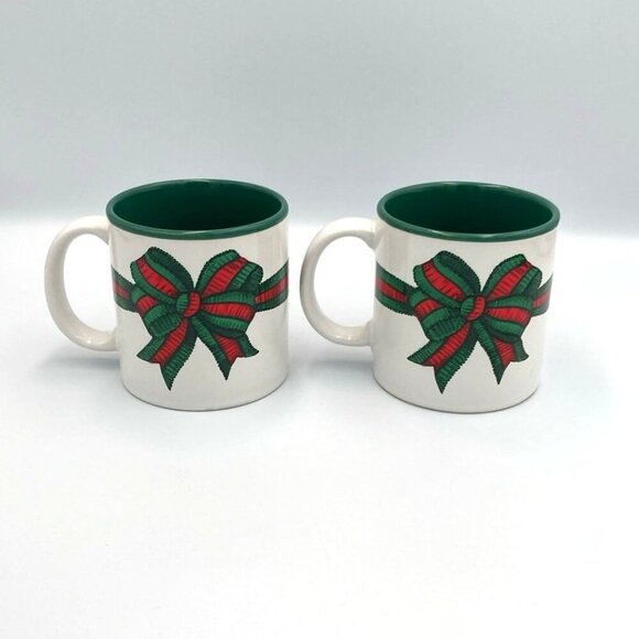 Vtg Potpourri Designs Coffee Mugs Set of 2 Bow Christmas Holiday 12 oz Japan - Picture 3 of 8
